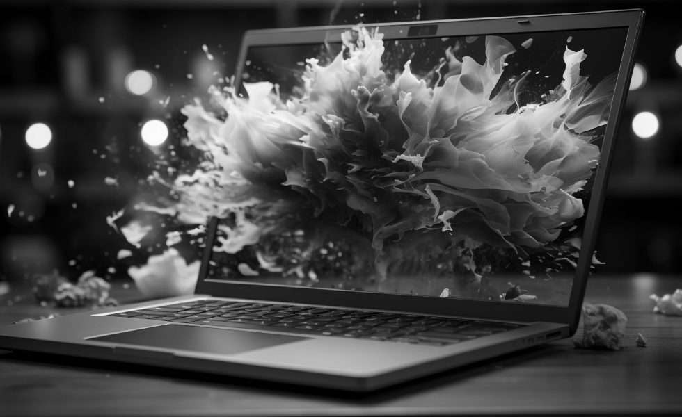 Glowing laptop on wooden desk, modern office, abstract technology generated by artificial intelligence