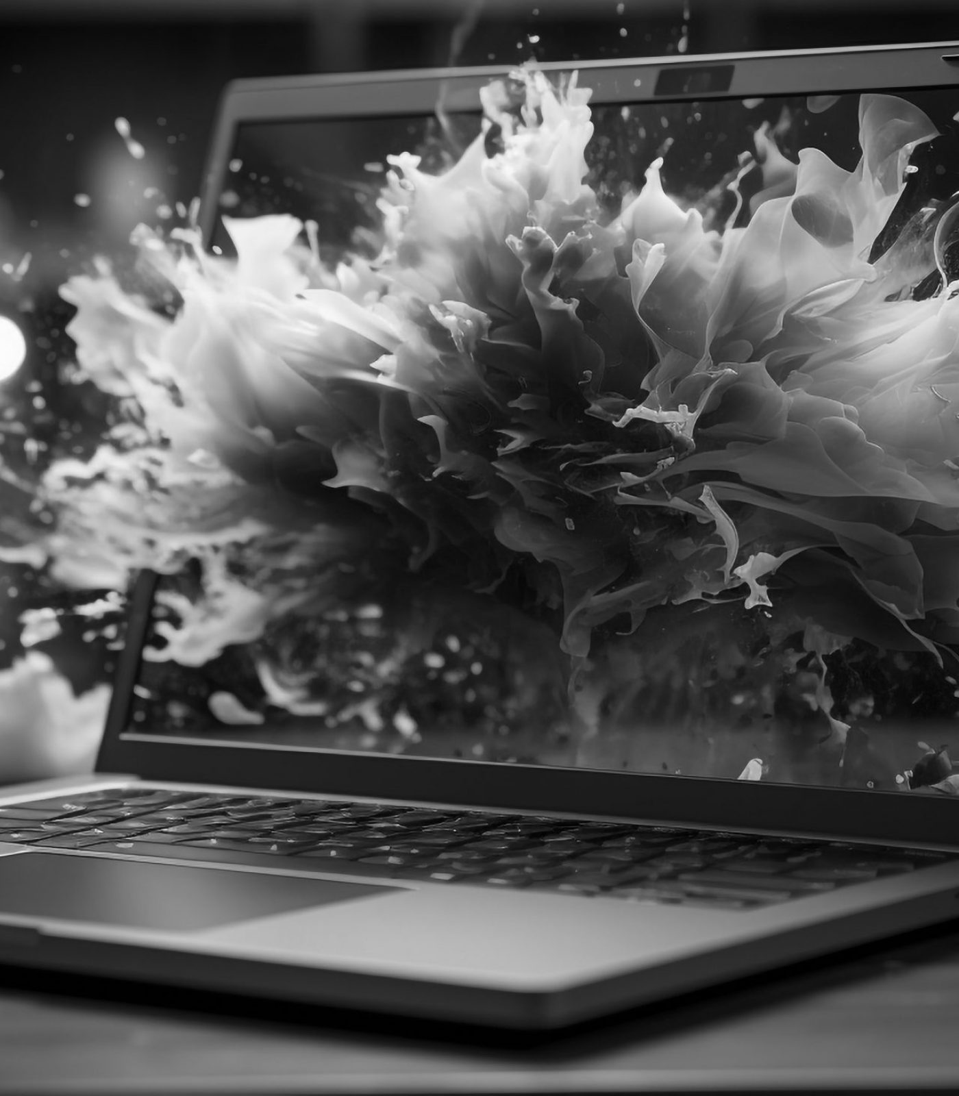 Glowing laptop on wooden desk, modern office, abstract technology generated by artificial intelligence