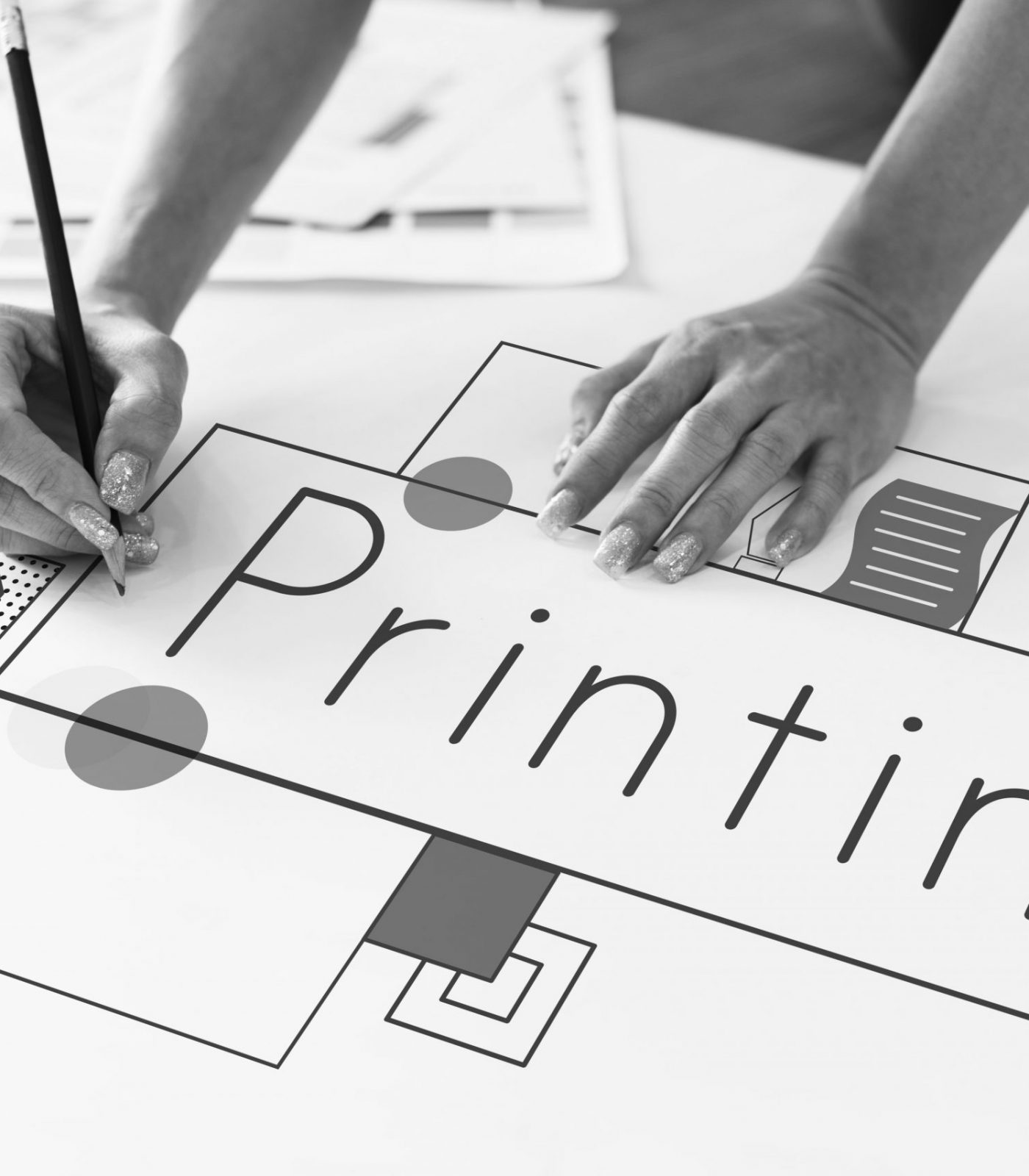 Hands working on network graphic overlay banner on desk